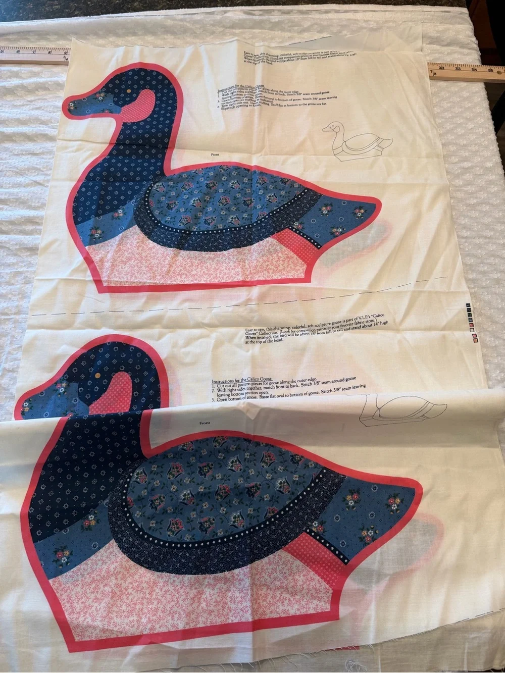 Quilted Duck Pillow Panels - Blue and Pink Fabric Set The Calico Goose Cottage